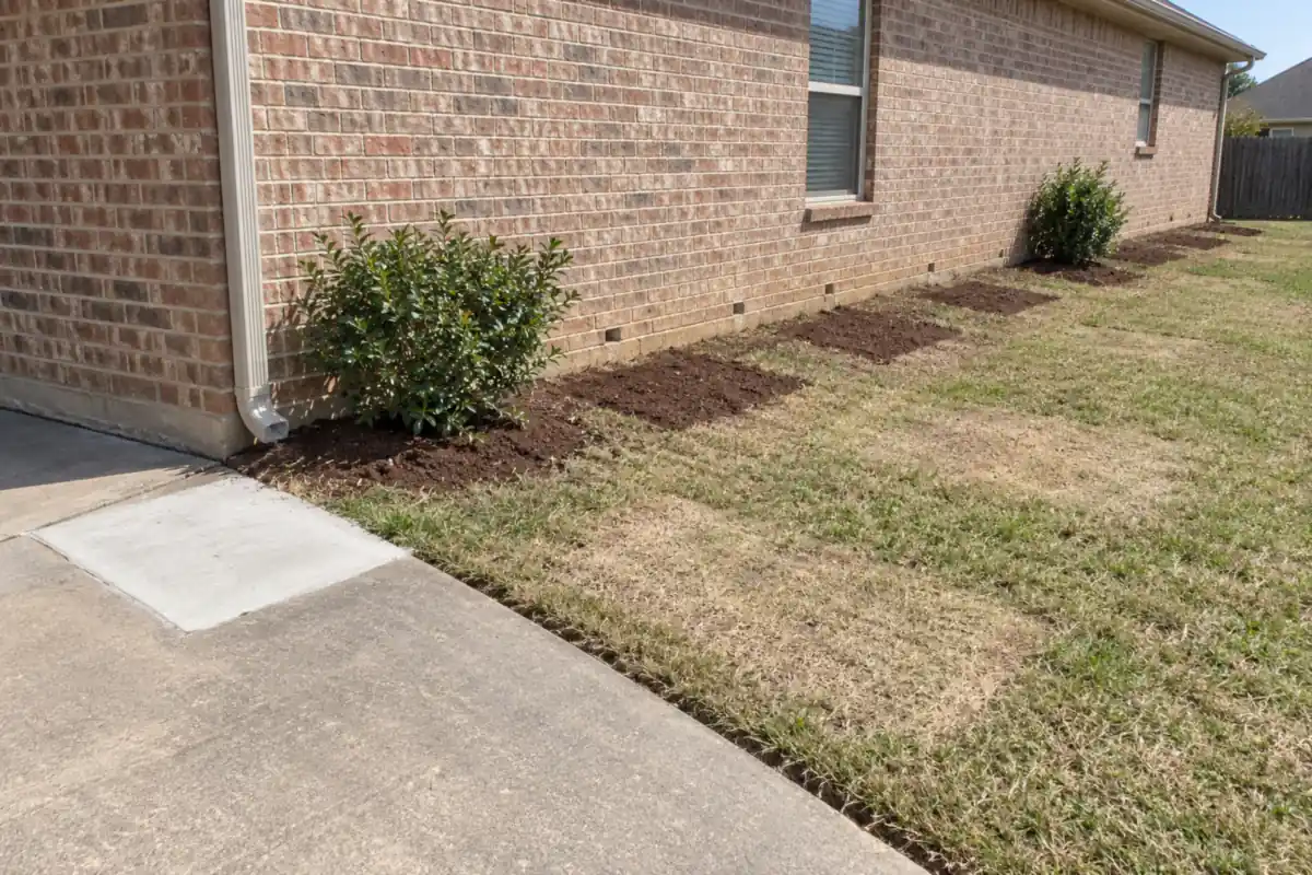 Line of fresh topsoil patches along a brick wall where pier holes were backfilled after the work