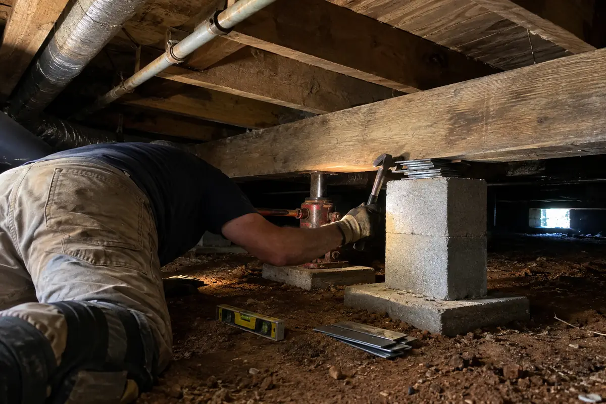Bottle jack and a block pier with steel shims under a wood girder in a dark crawl space