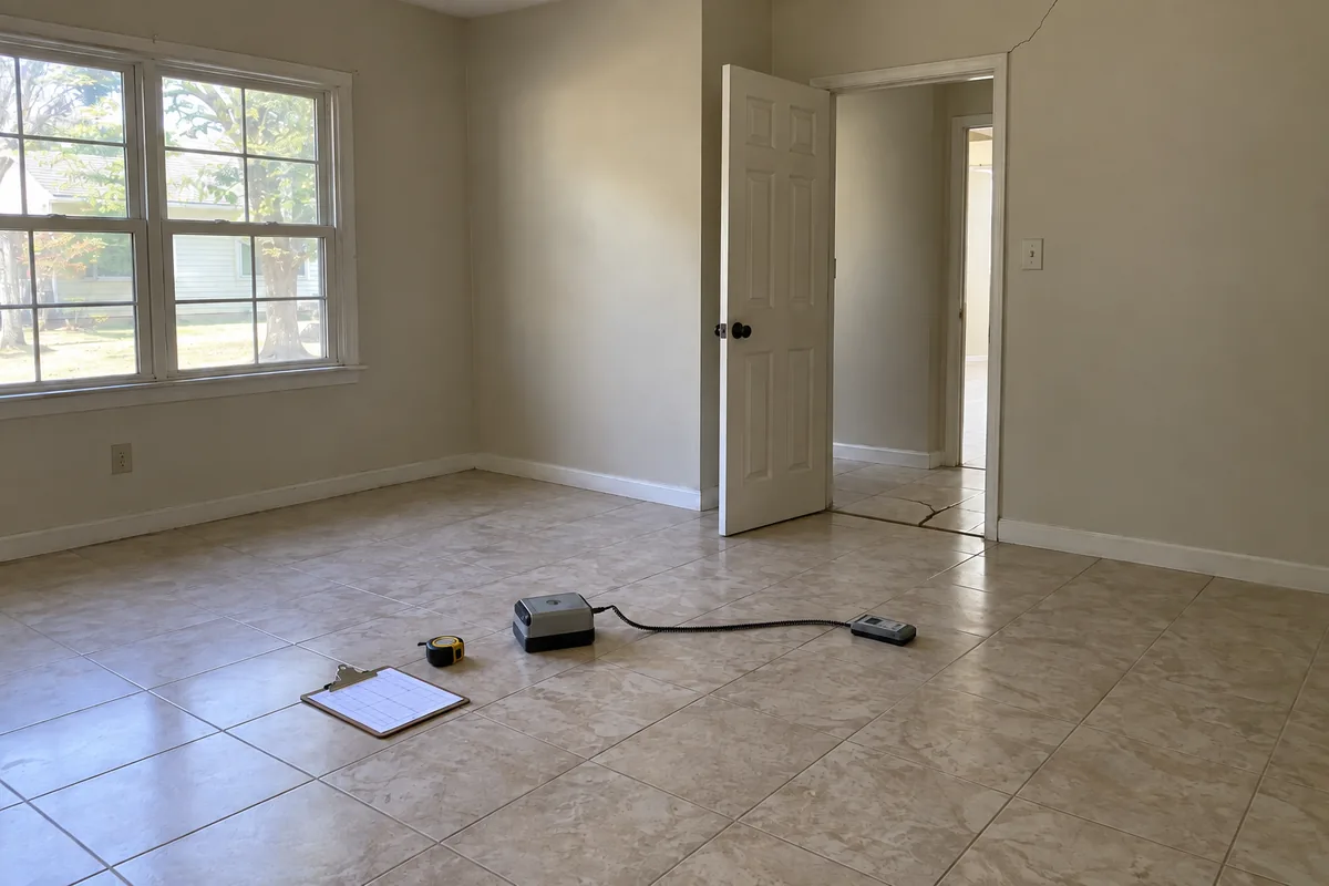 Floor elevation instrument and its reading module sitting on the bare tile of an empty room