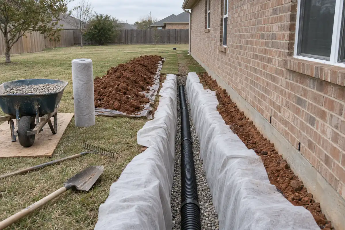 Open french drain trench lined with filter fabric, washed stone and perforated pipe beside a house