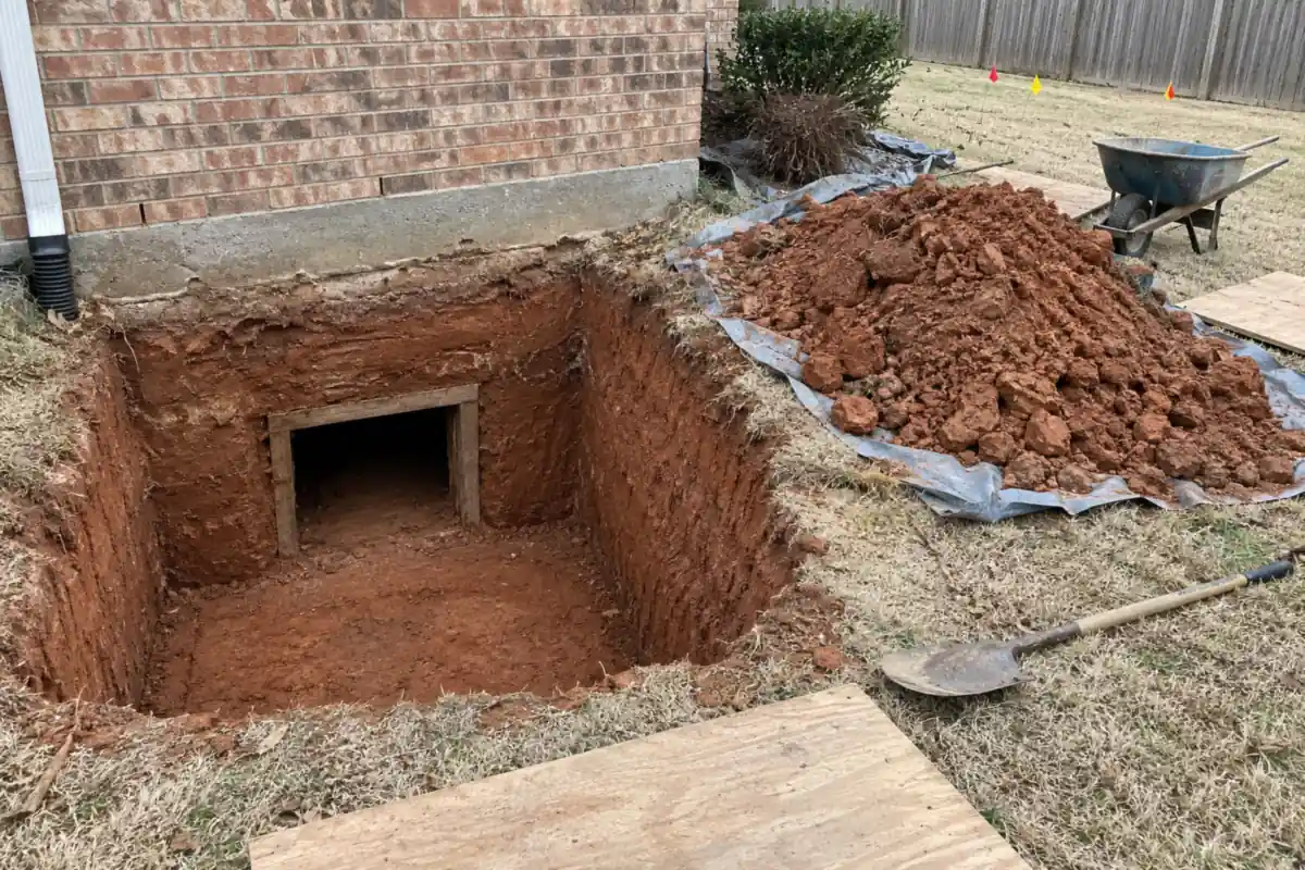 Small hand-dug tunnel opening at the bottom of an access pit under a house foundation