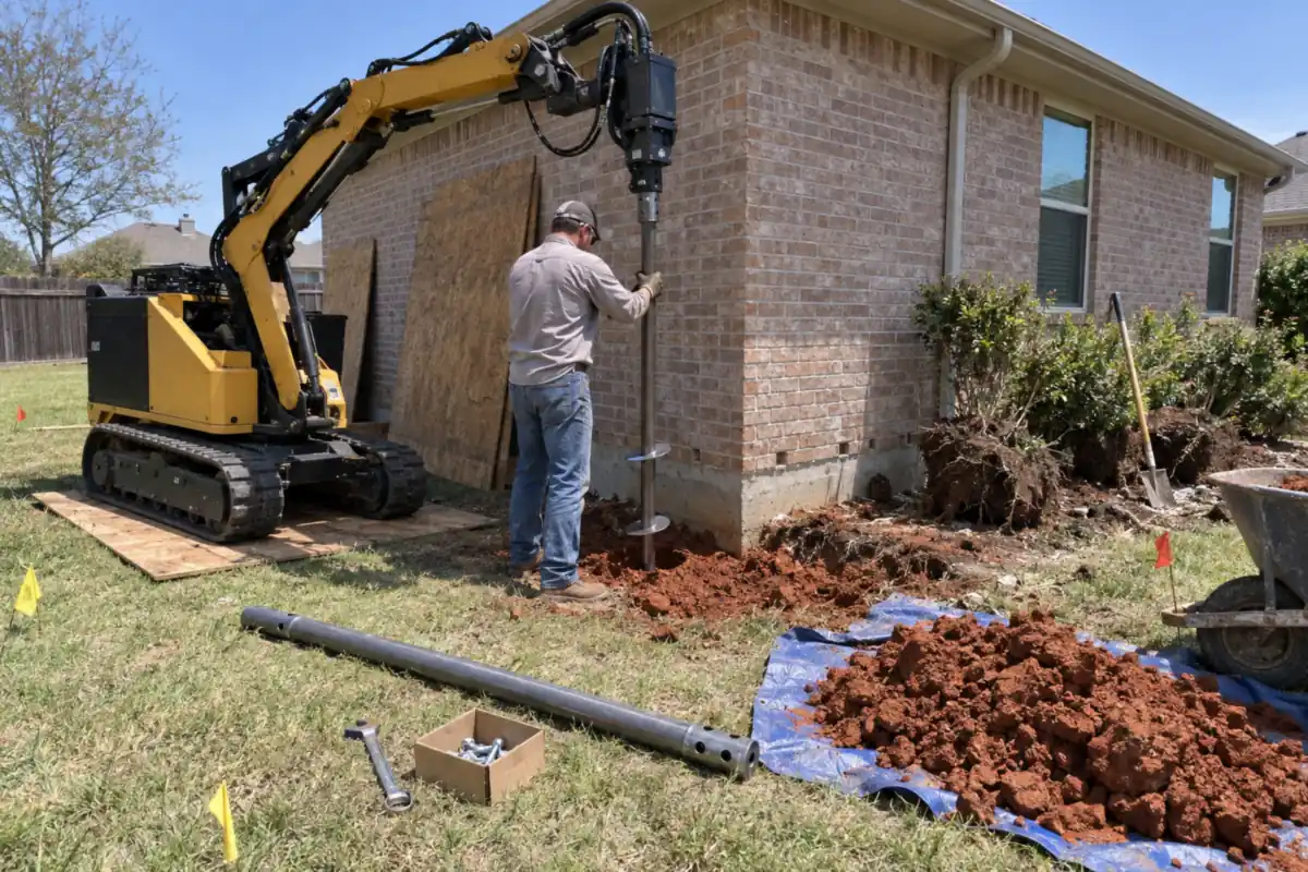 Hydraulic drive head turning a helical pier shaft into clay at the corner of a house