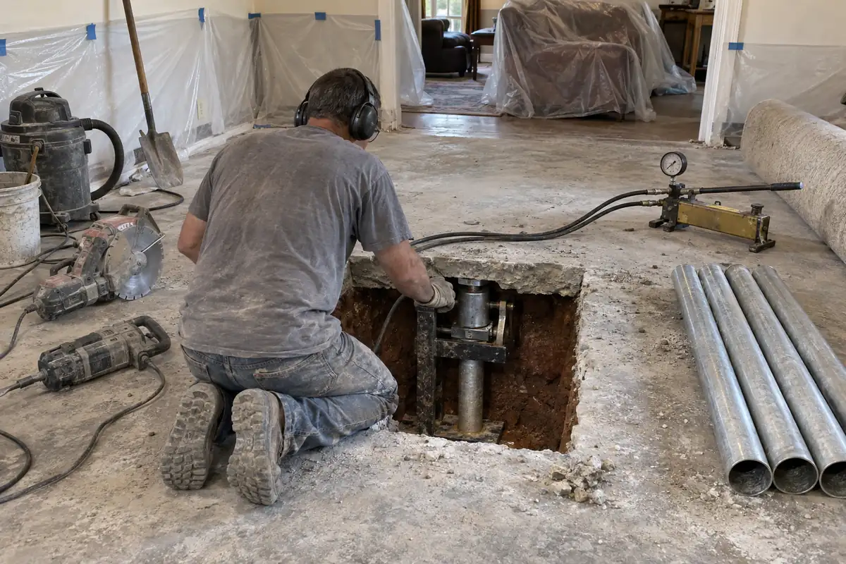 Rectangular hole cut in a slab floor inside an emptied room to set an interior pier