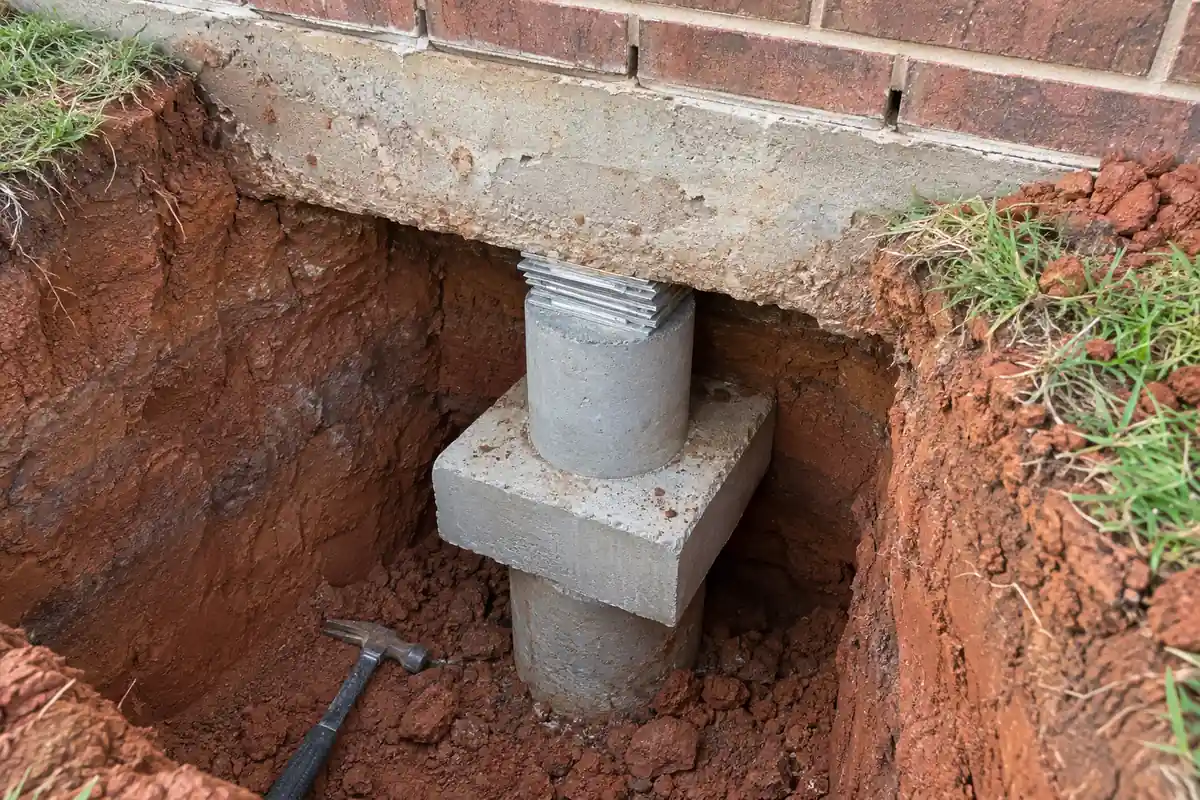 Steel shims driven tight under a grade beam on top of a capped concrete pile before backfill