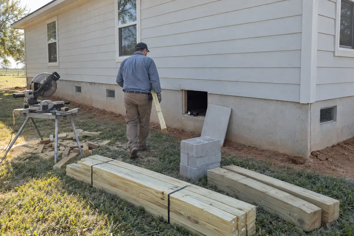 Raised pier and beam house with stem wall vents, an open access hatch, lumber and blocks outside