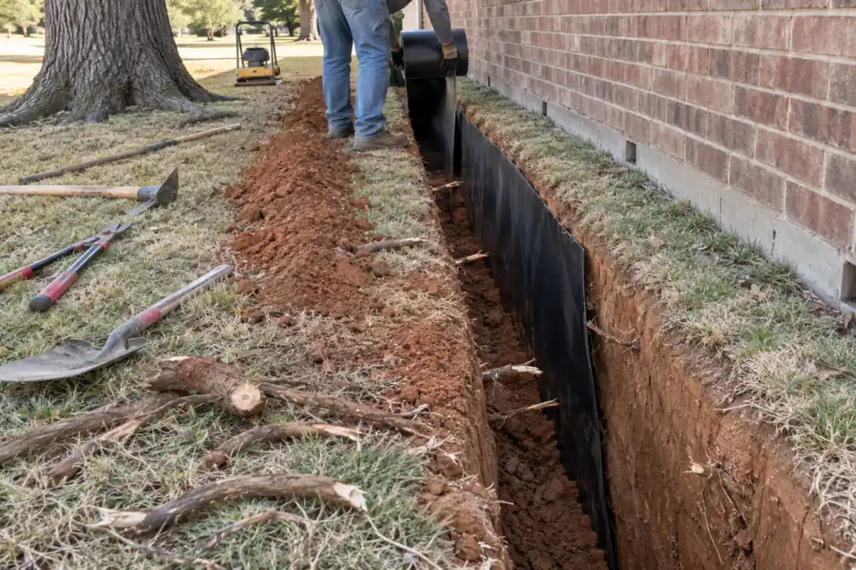Root barrier membrane unrolled into a narrow trench cut between a mature tree and a house wall