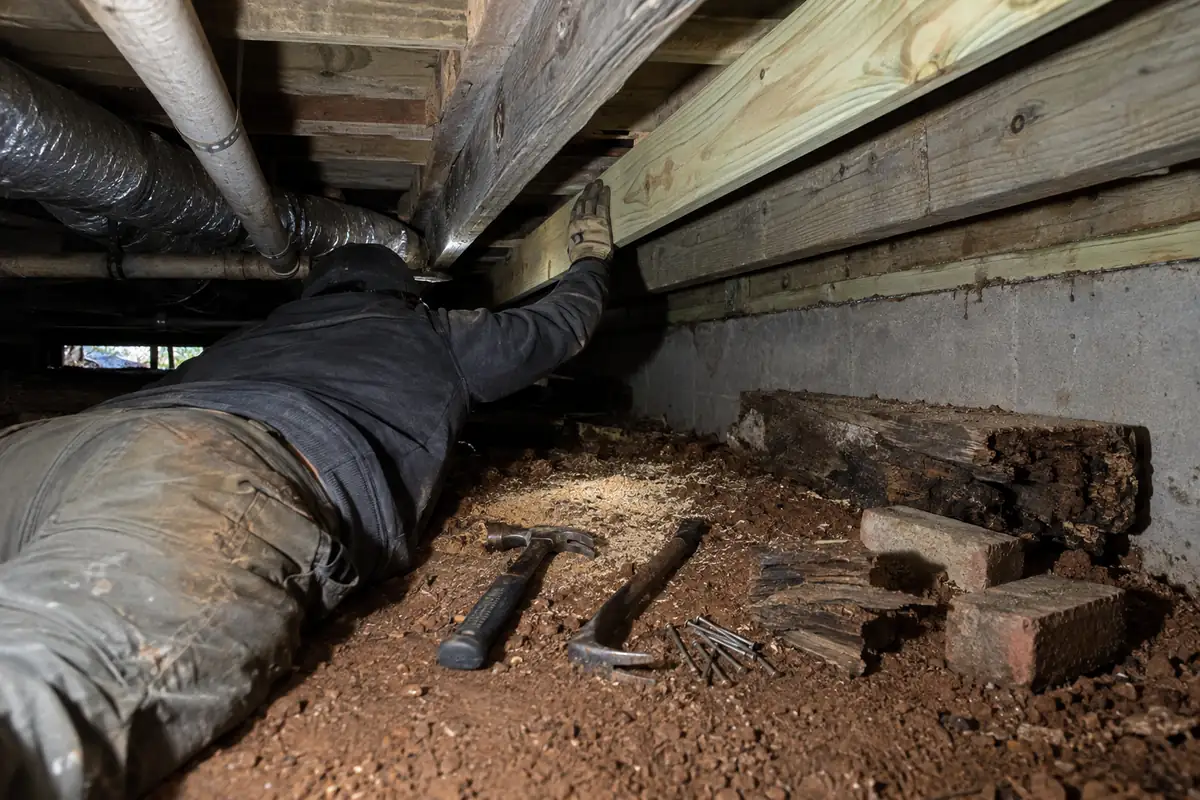 New joist sistered alongside an old one and a replaced sill plate under a pier and beam floor