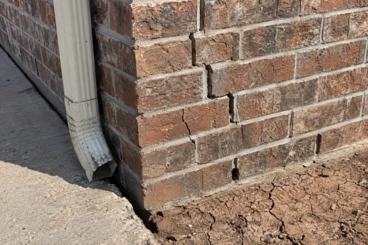 Stair-step cracking through the mortar joints of a brick veneer wall near a corner