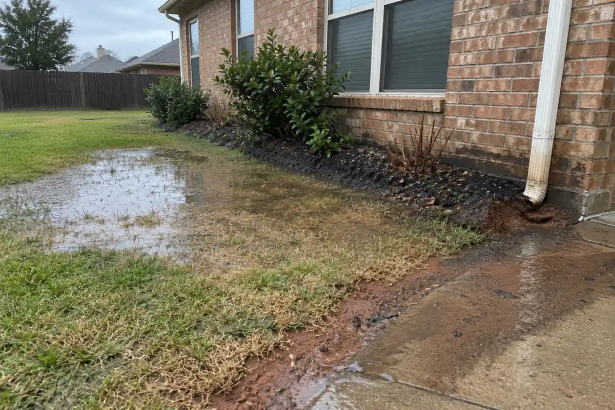 Rainwater standing against the base of a brick wall where the ground slopes back toward the house