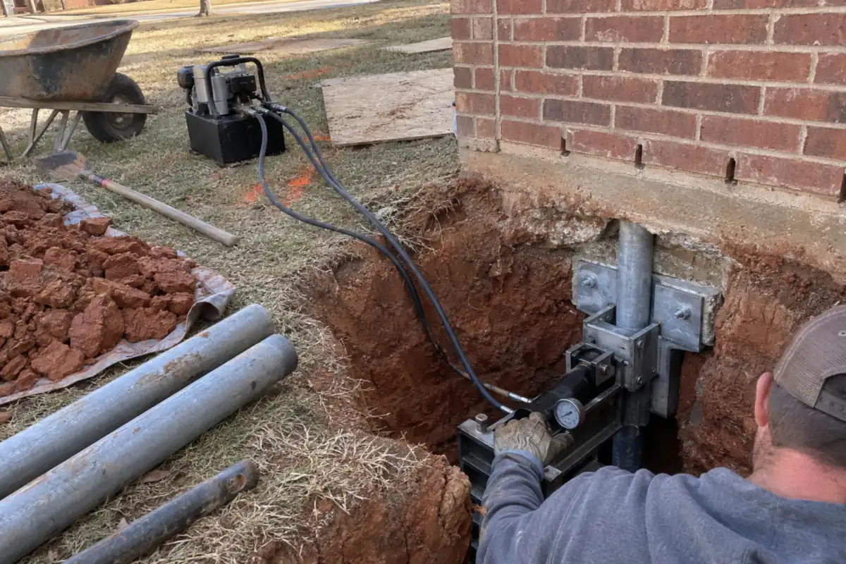 Steel pier bracket bolted to a house footing with a drive stand pushing pipe sections into the ground